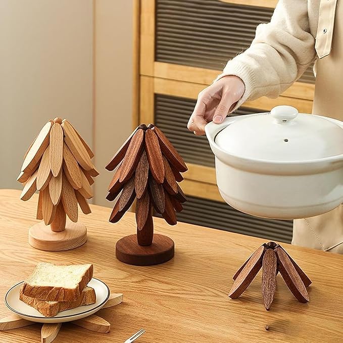 Natural Wood Tree Trivet Set, 𝐍atural Tree Trivet Set - 4 Wooden Trivets,4 Wooden 𝐓rivets & 1 Stand Like a Christmas Trees,for Hot Dish,Pot,Bowl,Teapot,Hot Pot Sets (Walnut Finish 3 Trivets,1set)
