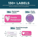 Personalized Daycare Name Labels for Kids (130 Labels) - Custom Waterproof Name Stickers for Clothing Tags, Water Bottles, Lunch Boxes and School Supplies (Hearts)