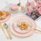 PULOTE 200Pieces Pink Plastic Plates - Premium Hard Pink and Gold Disposable - Include 100PCS 10 inch Dinner & 100PCS 7 inch Dessert Plates, Ideal for Wedding & Party