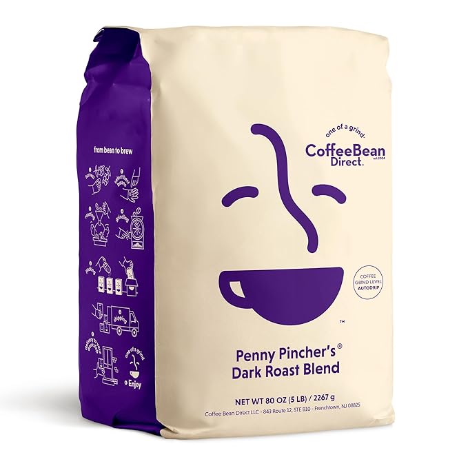 Coffee Bean Direct Penny Pincher's® Dark Roast Blend, Ground Coffee, Dark Roast, 5 Pound Bag (Pack of 1)