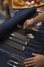 Asaya Waxed Canvas Knife Roll - 15 Knife Slots, Card Holder and Large Zippered Pocket - Genuine Leather, Cloth and Brass Buckles - for Chefs and Culinary Students - Knives Not Included