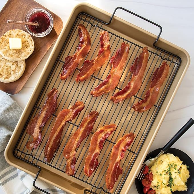 Nordic Ware High-Sided Half Sheet Oven Crisping Baking Tray with Rack, Natural Nonstick Aluminum For Air Frying, Crisping, Broiling, Baking; Cooking Surface 17.9 x 12.9 x 2 inches