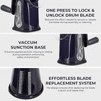 Chef Power Premium Quality 5 in 1 Cheese Grater Hand Crank - Stainless Steel Rotary Cheese Grater for Effortless Grating - Durable and Ergonomic Design for Professional and Home Use (Violet)