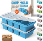 Silicone Freezer Tray with Lid Soup Freezer Container Molds with Steel Reinforced Rim for Freezing Soup Sauce Broth Leftovers large Ice Cube Molds Oven Dishwasher Safe Ice Trays for Freezer with Bin