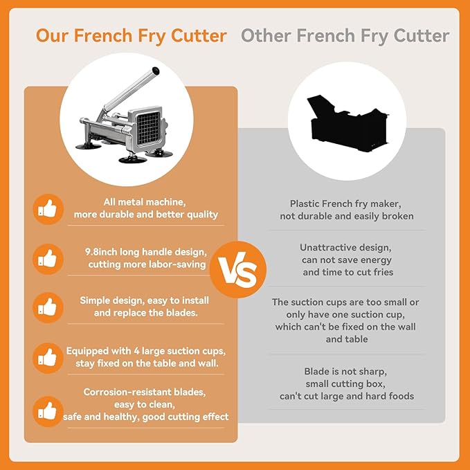 Commercial French Fry Cutter Stainless Steel.Potato Cutter for French Fries with 3/8Inch Blade, Commercial French Fry Cutter Manual Potatoes Cutting Machine with Suction Feet.