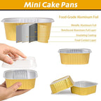 200 Pack 10 oz Gold Mini Aluminum Cake Pans with Lids and Spoons, Disposable Square Baking Cups, Oven Safe Foil Ramekins for Individual Desserts, Cupcakes, Cheesecakes Ramekins Muffin