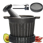 Cast Iron Mortar and Pestle & Garlic Grater Plate Set, Guacamole Bowl and Masher with Bonus Brush/Spoon, Small Mortar and Pestle Set 3-in-1 Crushing Smasher for Kitchen Spices and Pesto
