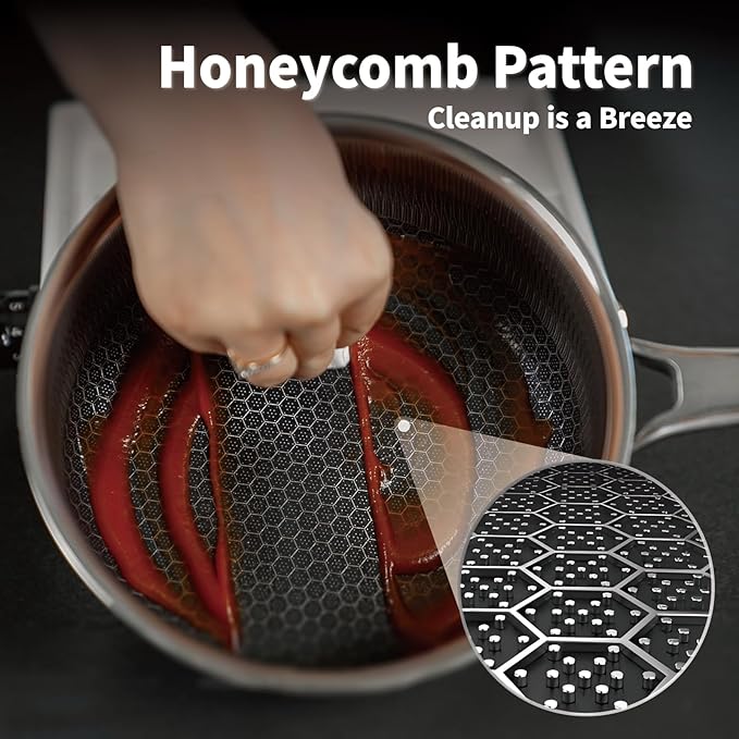 Hybrid Nonstick 3 QT Saucepan with Lid, Stainless Steel Honeycomb Pot with Two Pour Spouts,Compatible with All Cooktops,Dishwasher and Oven Safe
