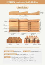HEZHEN 11-slots Cherry Wood In-drawer Knife Tray,Knife Holder, Knife Block without Knives, Fit for 10 Knives and 1 sharpening rod