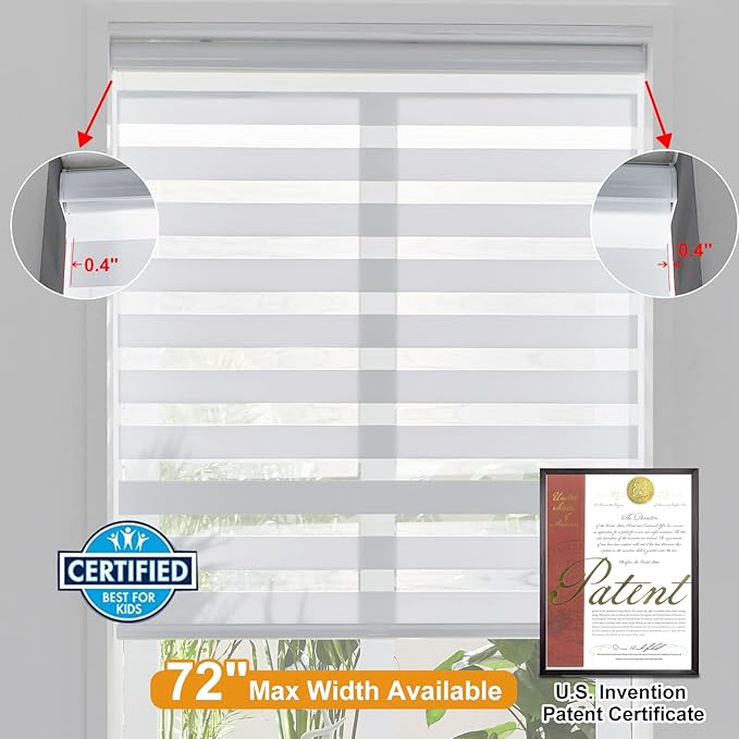 Persilux Cordless Zebra Blinds for Windows Free-Stop Roller Windows Shades (31" W X 72" H, White) Dual Layer Light Control for Day and Night, Light Filtering Sheer Shades for Home, Bedroom