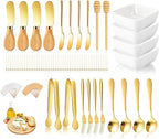 Charcuterie Board Accessories With 3 Oz Ceramic Dip Bowls, Wooden Handle Gold Cheese Spreader Butter Knive Set Kit, Mini Tongs, Spoons, Forks,Honey Dipper, Cocktail Picks