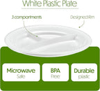 PLASTICPRO 9 inch Round Plastic Plates 3 Compartment - 3 Section Plates Microwaveable, Disposable, White, Dinnerware 100 Count