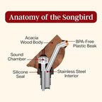 Songbird Specialties Wine Bottle Pourer, Fun Wine Pourer Spout Sings While It Pours, Airtight Wine Bottle Sealer, Acacia Wood with Blue Wings