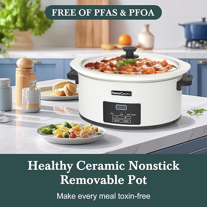 HOMECOOKIN 8-Quart Programmable Slow Cooker with Timer Keep Warm - Small Kitchen Appliance for Family Dinners - Serves 6+ People (White)