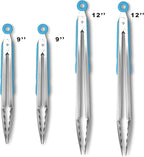 304 Stainless Steel Kitchen Cooking Tongs,9" and 12" Set of 4 Sturdy Grilling Barbeque Brushed Locking Food Tongs with Ergonomic Grip, Blue