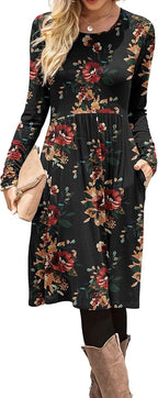 DB MOON Women Casual Long Sleeve Dresses Empire Waist Knee Length Loose Dress with Pockets