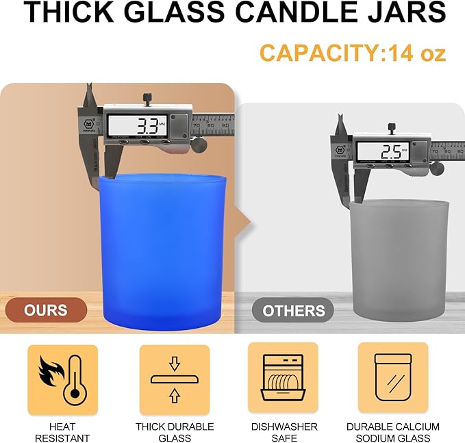 SHOWIN 14 OZ Thick Candle Jars for Making Candles 12 Pcs, 3 Wick Empty Jars with Wood Lids for Candle Making, Sample Container, Frosted Blue