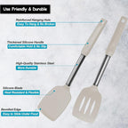 Silicone Spatula and Cooking Spoon,5 Pack Non-Stick Cooking Utensils for Kitchen，Heat Resistant Solid & Slotted Spoons and Spatulas, Stainless Steel Handle Coated with Silicone, Khaki
