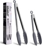 HOTEC Premium Stainless Steel Locking Kitchen Tongs with Silicon Tips, Set of 2-9" and 12" Light Grey