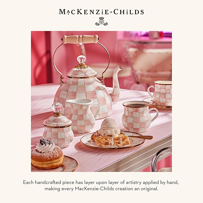 MACKENZIE-CHILDS Enamel Salad and Dessert Plate, Small Plate for Appetizers or Desserts, 8 Inches, Set of 4, Pink-and-White Rosy Check