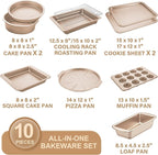 HONGBAKE Bakeware Sets, Baking Pans Set, Nonstick Oven Pan for Kitchen with Wider Grips, 10-Piece Including Rack, Cookie Sheet, Cake Pans, Loaf Pan, Muffin Pan, Pizza Pan - Champagne Gold