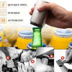 2PCS Pop-the-Top Beer Bottle Opener, Metal Automatic Magnetic Glass Bottle Cap Openers, Wine Bartender Tool Cap Catcher for Bar, Party, Wine Ceremony, Restaurant Household Utensils, Easy to Use-Silver