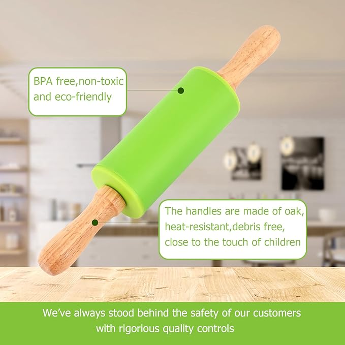 Mini Silicone Rolling Pin for Kids, Non-stick Surface Wood Handle, 9 Inch 1 Pack Red Point