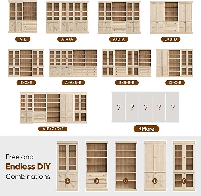 70.8" Tall Brown Bookshelf, Farmhouse Modular Bookcase with 6-Tier Adjustable Shelves, Large Storage Cabinet for Home Office, Living Room, Set of 3