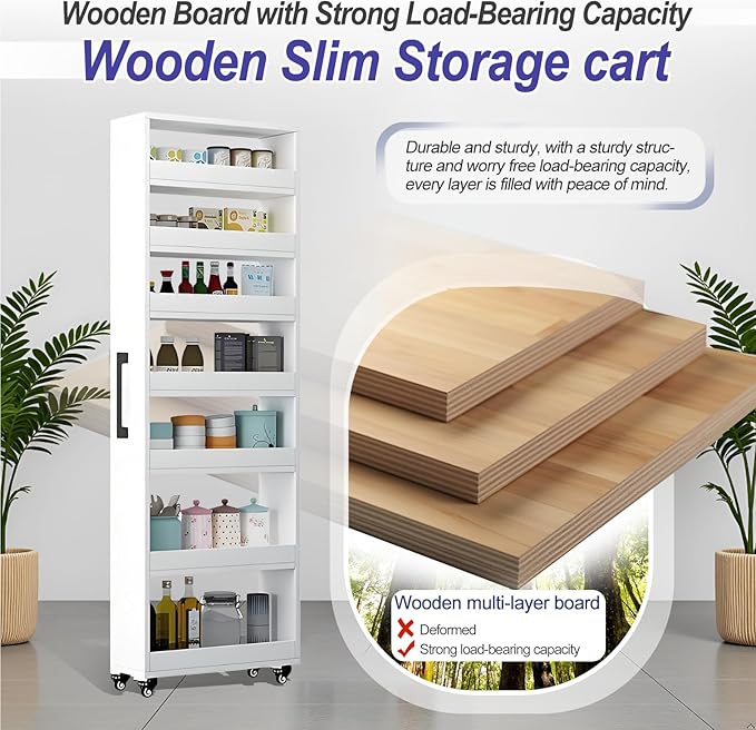 7-Tier Slim Storage Cart, Wooden Rolling Pantry Cabinet with Wheels, Narrow Shelf Organizer for Kitchen, Bakers Rack, Dining Room, Closet, Small Spaces Light Walnut 73.2‘’H*5.9''W*19.6''D