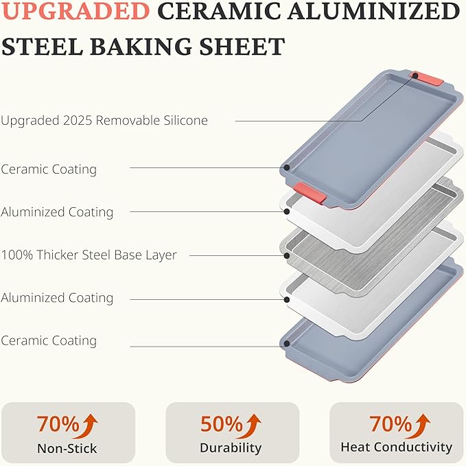 BRONYPRO Non Stick Ceramic Baking Sheet Pan Set of 3, Natural Non Toxic Cookie Sheets for Baking - PFOA, PTFE Free, Heavy Duty Aluminized Steel Oven Trays for Cooking with Silicone Handles, Coral