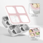 BEFOY 4 Pack Stainless Steel Snack Containers with Lids 4 Compartment Food Storage Containers for Adults Meal Prep Reusable for work or going out.(pink, 4)