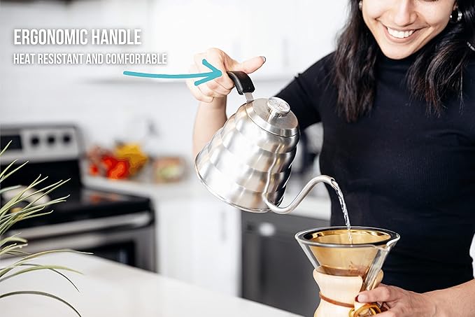 Barista Warrior Gooseneck Kettle for Pour Over Coffee and Tea with Thermometer for Exact Temperature, Precision Pour Drip Spout, Compatible with all Stove Tops (Matte Black, 1.2 Liter, 40 fl oz)