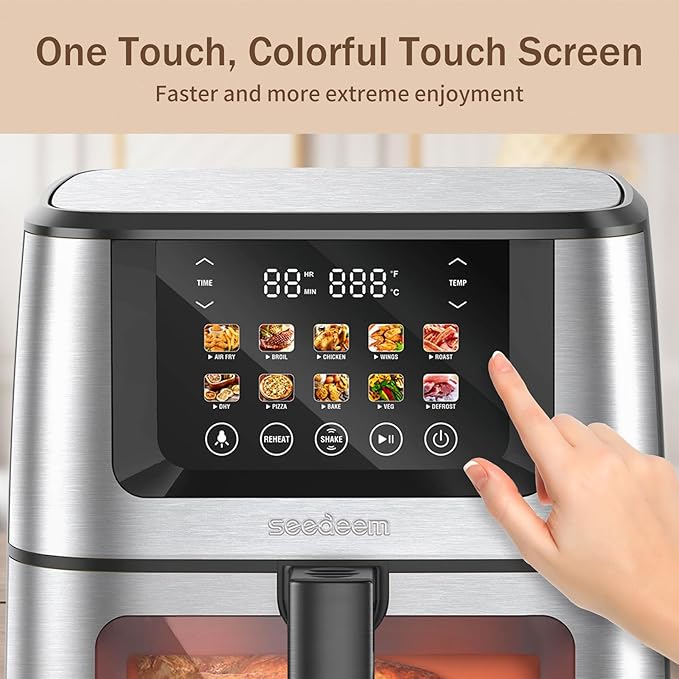 SEEDEEM Max XL Air Fryer 8QT, 10-in-1 Digital Air Fryer Oven with Color Touchscreen & Viewing Window, Toaster Oven Combo for Broil, Roast, Dehydrate, Bake – Silver
