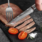 Majesty Series Professional Steak Knife Set with Damascus Pattern - Razor Sharp Serrated Stainless Steel with Wooden Handle (Set of 6 Steak Knives)