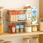 6 Pack Clear Stackable Storage Bins with Bamboo Lids, Trash Bag Holder Dispenser Under Sink Organizer for 4-13 Gal Bags, Plastic Storage Containers for Pantry Bathroom Kitchen Organization