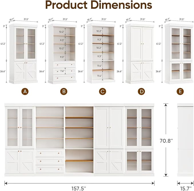 70.8" Tall Farmhouse Kitchen Pantry Cabinet with Glass Doors, Modular Wooden Storage Hutch with 6-Tier Adjustable Shelves for Kitchen or Living Room, White, Set of 2