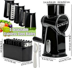 Rotary Cheese Grater with Handle, Manual Vegetable Slicer Grater with 5 Detachable Stainless Steel Blades, Round Grater Slicer Hand Crank Food Chopper for Kitchen with Blade Storage Box
