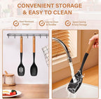 Large Silicone Cooking Spoon Set, 2 Pack Solid Slotted Spoon with Wooden Handle, Nonstick Silicone Kitchen Spoons for Cooking, Heat Resistan Spatula Set for Serving, Basting, Mixing (Black)