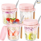 Glass Overnight Oats Containers with Lids and Spoon, 16oz Wide Mouth Mason Jars for Overnight Oats, Cereal, Yogurt, Salad Lunch Container with Measurement Marks - Pink 4 Pack