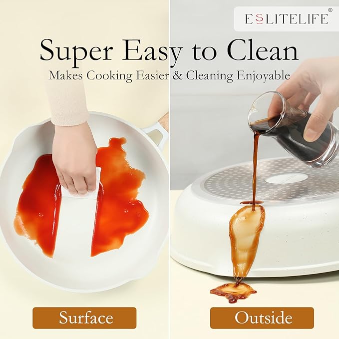 ESLITE LIFE Nonstick Ceramic Frying Pan Skillet with Lid, Non-Toxic Egg Omelette Kitchen Cooking Pans Compatible with All Stovetops (Gas, Electric & Induction), PTFE & PFOA Free (White, 9.5" w/Lid)