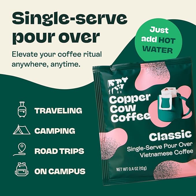 Copper Cow Single-Serve Vietnamese Coffee & Creamer Packets Bundle – 24 Classic Black Pour Over Coffees (Dark Roast) + 25 Sweetened Condensed Milk Creamers | All-Natural, No Refrigeration Needed