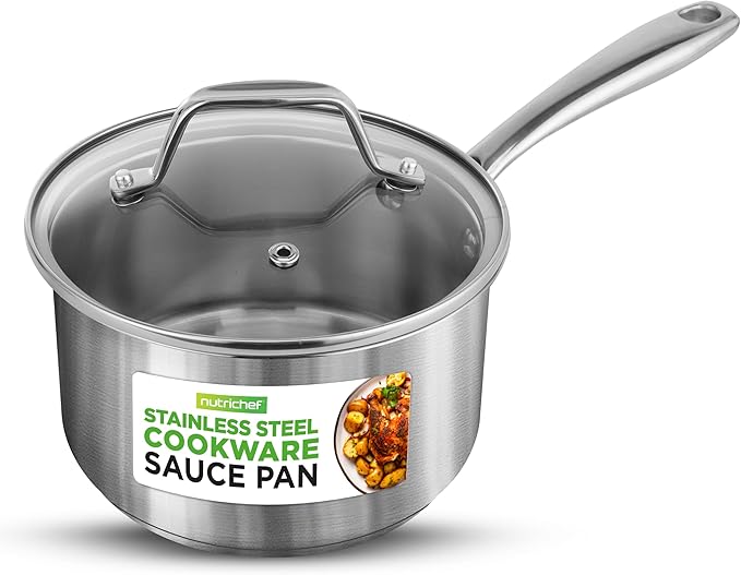 NutriChef 2 Quart Stainless Steel Pot with Lid - Heavy Duty Saucepan with Ergonomic Handles, For All Cooktops