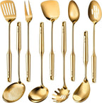 9 Pcs 304 Stainless Steel Utensils Set with Wood Handle Metal Cooking Tool Spatula, Solid Spoon, Slotted Spoon, Fork, Ladle, Skimmer, Slotted Spatula Spaghetti(Gold,Stainless Steel)