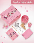 ZENS Matcha Whisk Set, 6pcs Matcha Set Pink Includes 15oz Ceramic Bowl and Bamboo Whisk (Chasen Holder) Scoop, 304 Sifter & Pink Tea Mat, Japanesse Matcha Kit for Matcha Latte-Making
