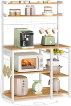 VASAGLE Bakers Rack with Power Outlet, 35.4 Inches Microwave Stand, Coffee Bar, 4 AC Outlets, with Adjustable Shelves, 8 S-Hooks, Basket, Spice Racks, Golden Oak and Cloud White UKKS031Y09