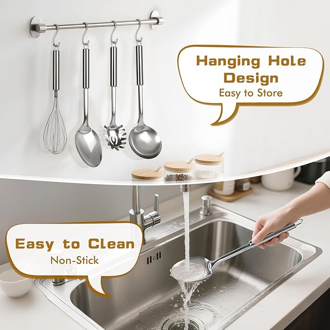 8 Pcs Cooking Utensils Set, Stainless Steel Kitchen Utensils, Heat Resistant Metal Kitchen Tools Include Solid & Slotted Spatula, Serving Spoon, Ladle, Pasta Server,Potato Maseher, Egg Whisk, Silver