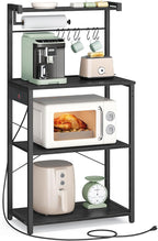 VASAGLE Kitchen Bakers Rack with Power Outlet, Coffee Bar 4-Tier with 8 S Hooks, Microwave Stand, Adjustable Shelf, for Small Spaces, Charcoal Gray and Ink Black UKKS014B01V1