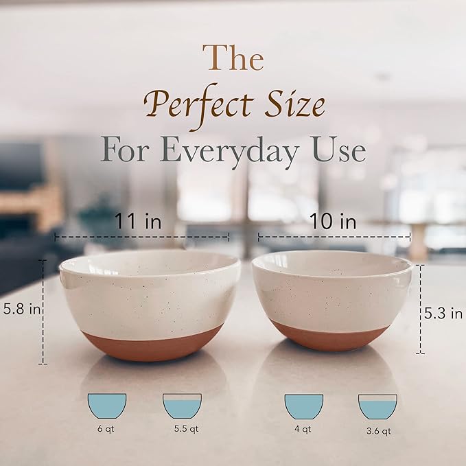 Mora Ceramic Large Mixing Bowls - Set of 2 Nesting Bowls for Cooking, Serving, Popcorn, Salad etc - Microwavable Kitchen Stoneware, Oven, Microwave and Dishwasher Safe - Extra Big 5.5 & 3.6 Qt - White