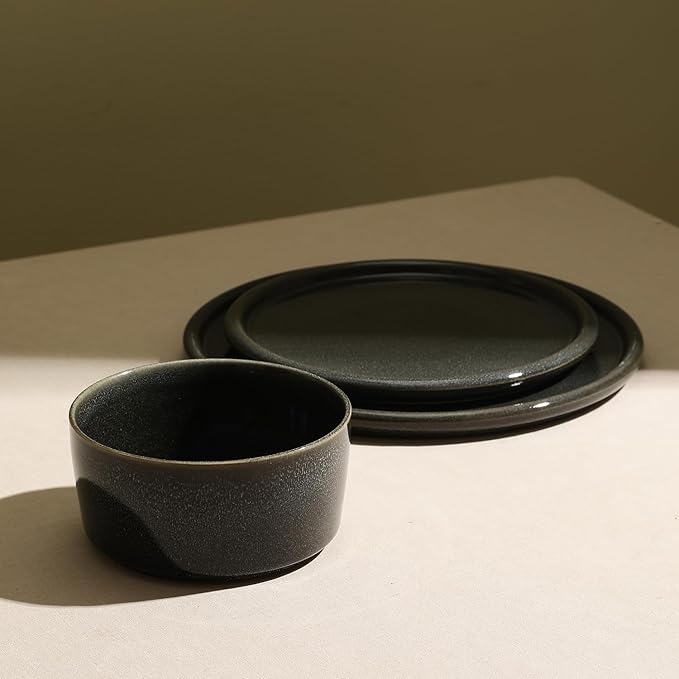 Stone Lain Eden 12-Piece Dinnerware Set Stoneware, Plates and Bowls Set, Dishwasher and Microwave Safe Dish, Dish Set for 4, Charcoal Grey