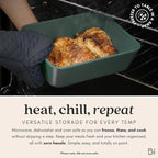 Ceramic Coated Glass Food Storage Container | No PTFE, PFOA, PFAS, and BPA | Reusable Non Toxic Meal Prep Container with Glass Lid | Easy To Store | 11 Cup Rectangle [Pine]